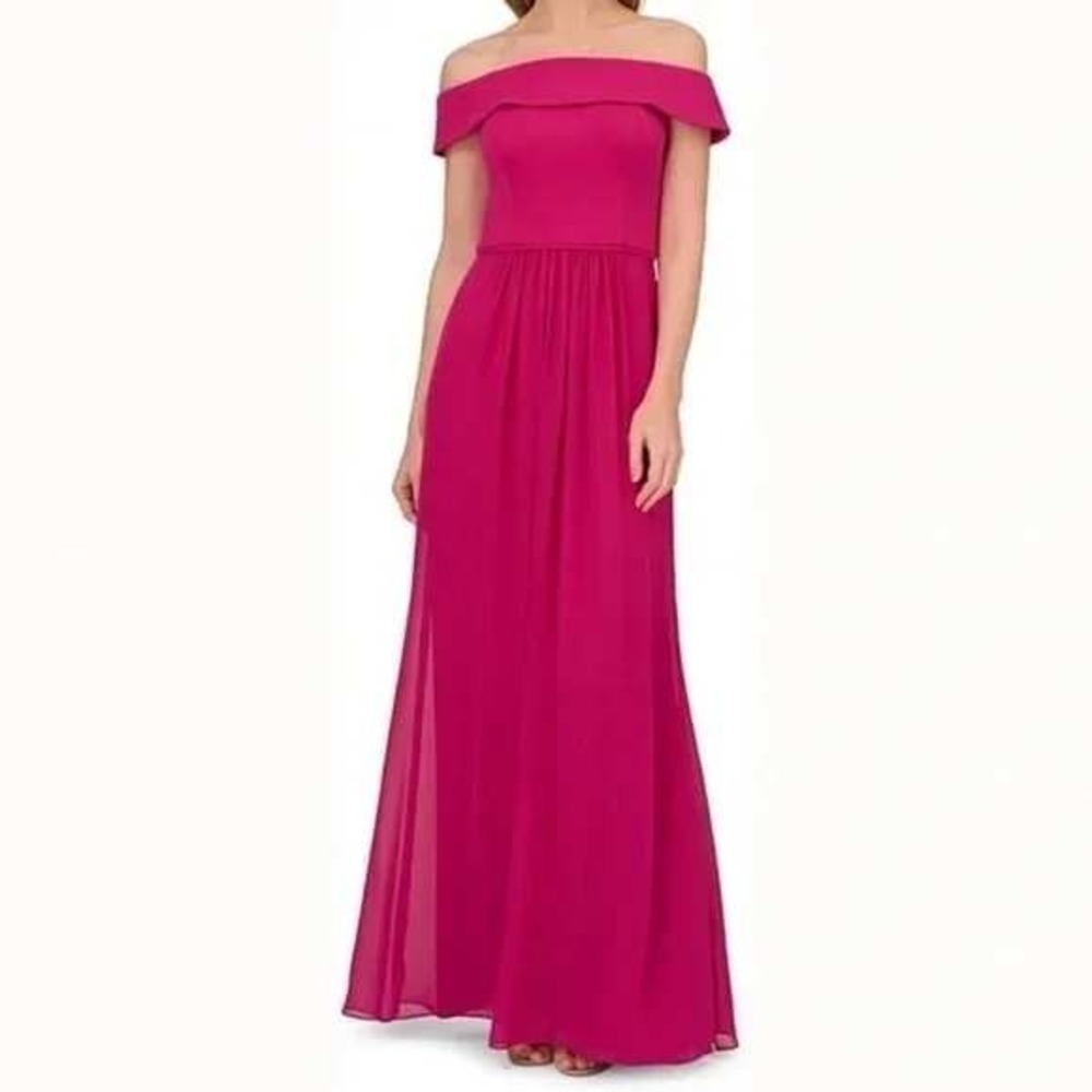 Adrianna Papell Elegant Off‎ Shoulder Fuchsia Chiffon Party Dress Womens 6 NWT